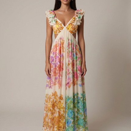 Ivory floral ruffled V-neck maxi dress with cutout waist and flowy skirt, front view