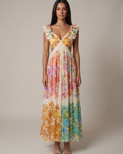 Ivory floral ruffled V-neck maxi dress with cutout waist and flowy skirt, front view