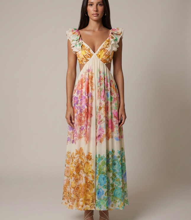 Ivory floral ruffled V-neck maxi dress with cutout waist and flowy skirt, front view