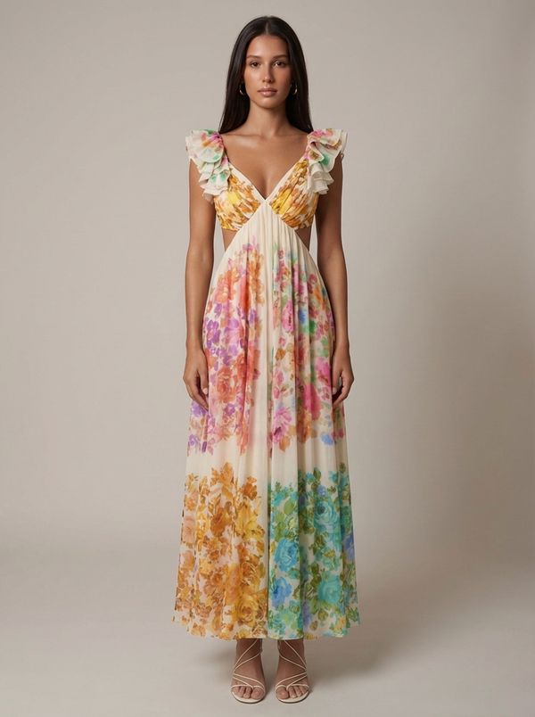 Ivory floral ruffled V-neck maxi dress with cutout waist and flowy skirt, front view