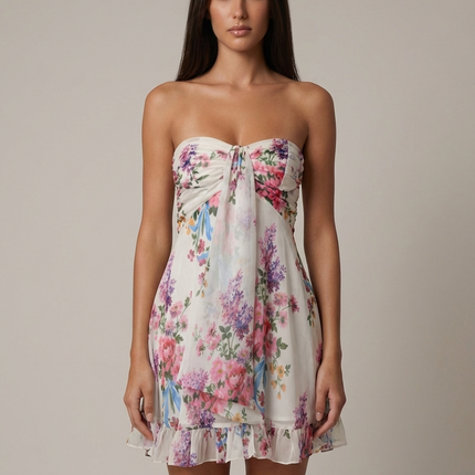 White floral strapless ruffled mini dress with ruched bust tie and tiered hem, front view