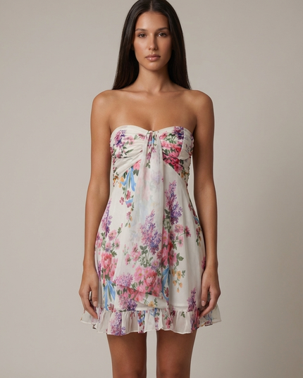 White floral strapless ruffled mini dress with ruched bust tie and tiered hem, front view
