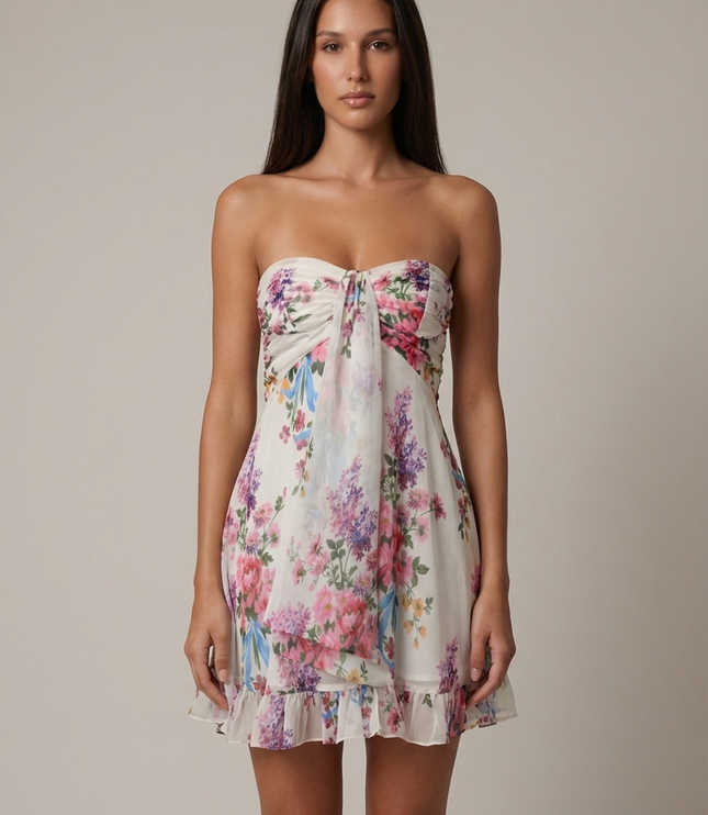 White floral strapless ruffled mini dress with ruched bust tie and tiered hem, front view