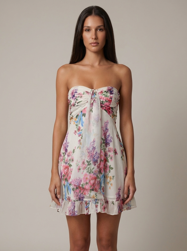 White floral strapless ruffled mini dress with ruched bust tie and tiered hem, front view