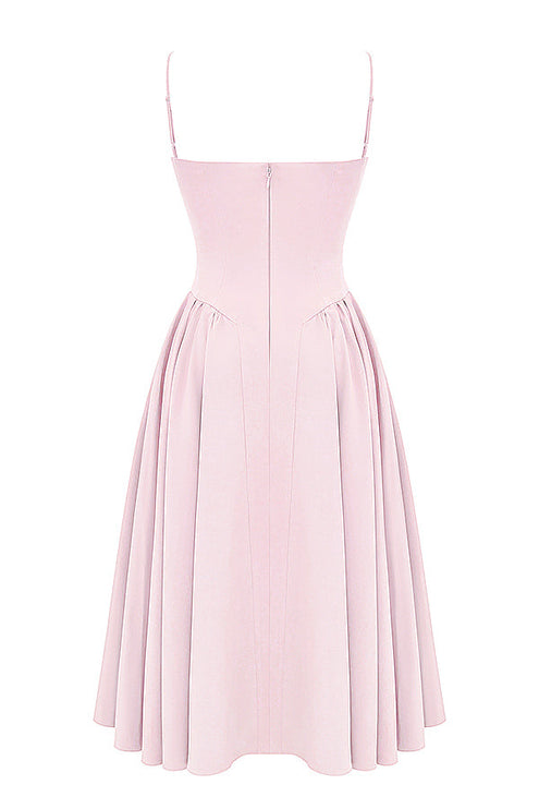 Light pink corset midi dress back view with thin straps, center zipper, and full pleated skirt