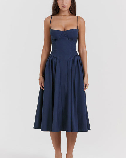 Navy corset midi dress front view with underwire bust cups, spaghetti straps, and full skirt