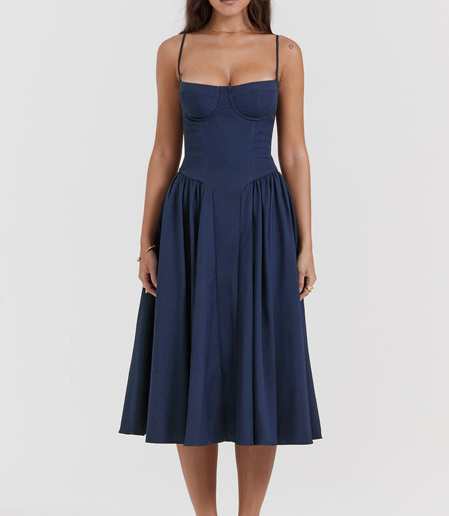 Navy corset midi dress front view with underwire bust cups, spaghetti straps, and full skirt
