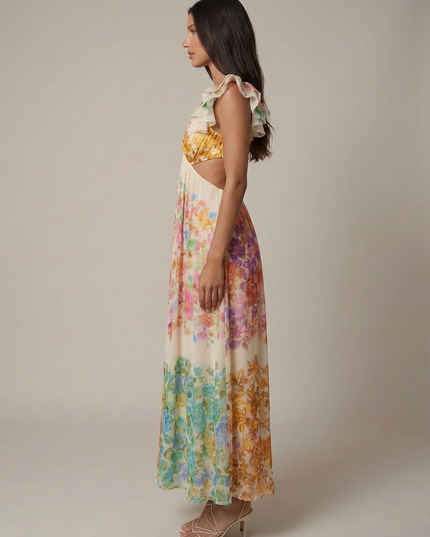 Side view of ivory floral ruffled V-neck maxi dress with open side cutout and maxi skirt