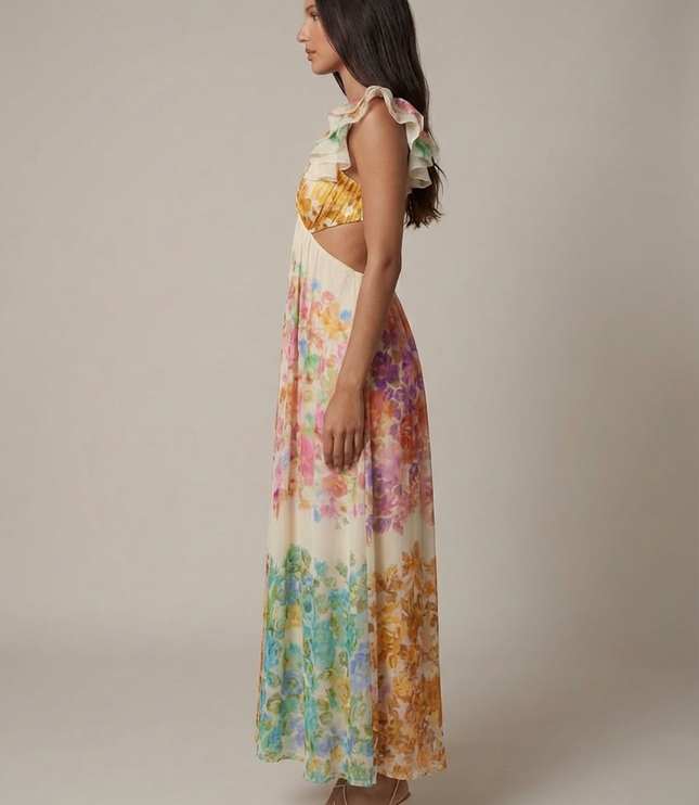Side view of ivory floral ruffled V-neck maxi dress with open side cutout and maxi skirt