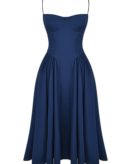 Navy corset midi dress front view with structured bodice, underwire cups, and full skirt