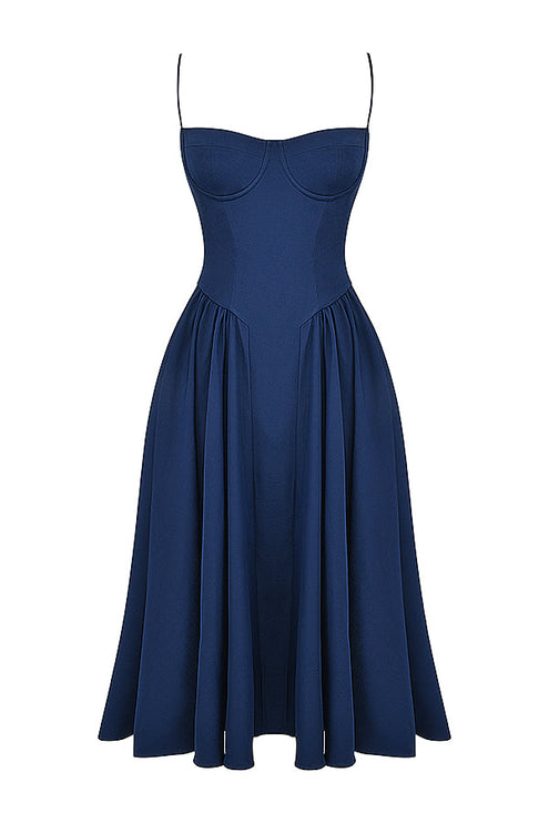 Navy corset midi dress front view with structured bodice, underwire cups, and full skirt