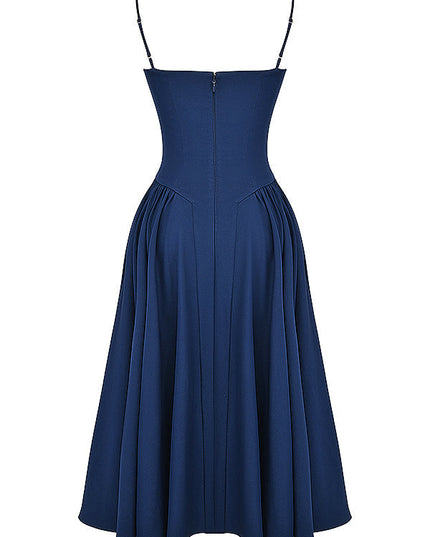 Navy corset midi dress back view showing center zipper, fitted waist, and gathered skirt