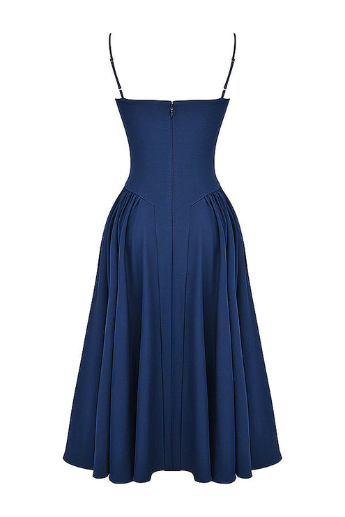 Navy corset midi dress back view showing center zipper, fitted waist, and gathered skirt