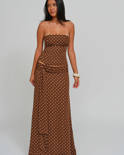 Brown polka dot strapless corset maxi dress with side tie drape and sheer waist, 3-4 view