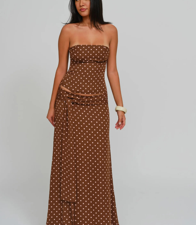 Brown polka dot strapless corset maxi dress with side tie drape and sheer waist, 3-4 view