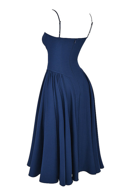 Navy corset midi dress angled side view with fitted bodice seams and flared midi skirt
