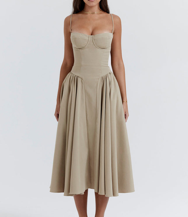 Beige corset midi dress front view with underwire bust cups, thin straps, and full skirt