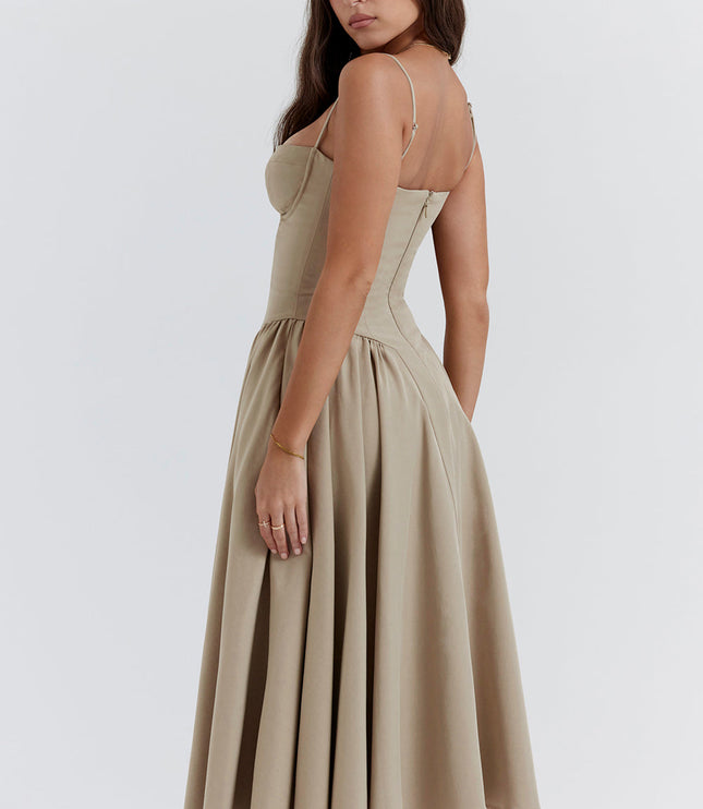 Beige corset midi dress side back view showing zipper closure and fitted corset bodice