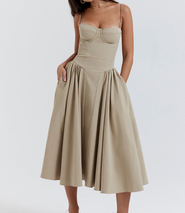 Beige corset midi dress front pose highlighting underwire cups, cinched waist, and full skirt