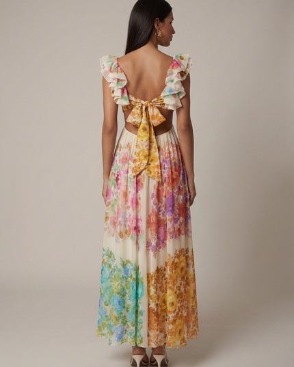 Back view of ivory floral ruffled maxi dress with open back and oversized tie bow detail