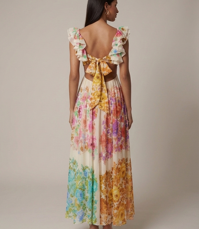 Back view of ivory floral ruffled maxi dress with open back and oversized tie bow detail