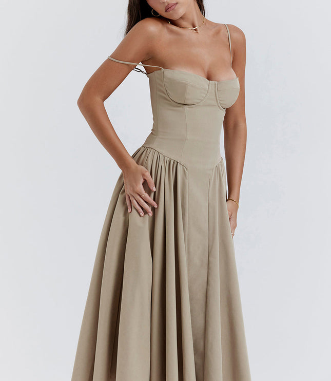 Taupe corset midi dress with underwire bust cups, thin straps, and full pleated skirt, three-quarter view