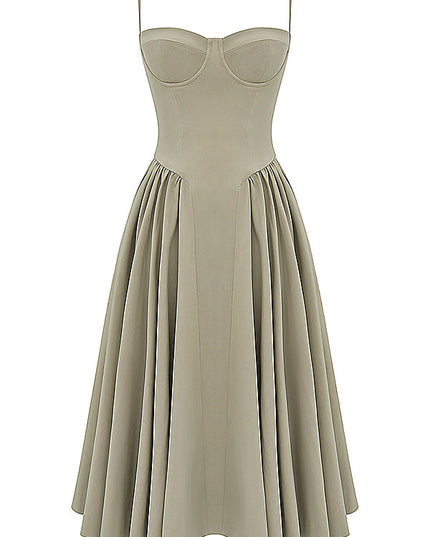 Taupe corset midi dress flat lay front view with underwire bust cups, fitted bodice, and flared midi skirt