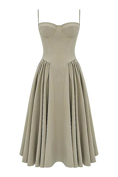 Taupe corset midi dress flat lay front view with underwire bust cups, fitted bodice, and flared midi skirt