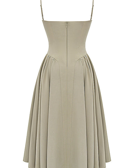 Taupe corset midi dress flat lay back view showing center zipper, straps, and gathered full skirt