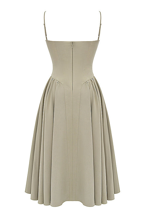Taupe corset midi dress flat lay back view showing center zipper, straps, and gathered full skirt