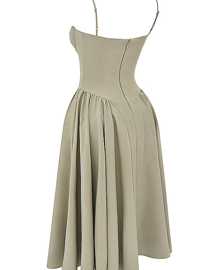Taupe corset midi dress flat lay angled side view highlighting fitted corset waist and voluminous skirt