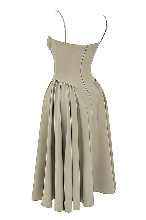 Taupe corset midi dress flat lay angled side view highlighting fitted corset waist and voluminous skirt