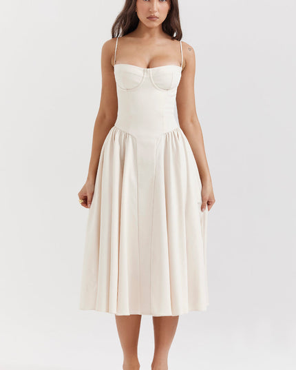 Ivory corset midi dress front view with underwire bust cups, thin straps, and full midi skirt