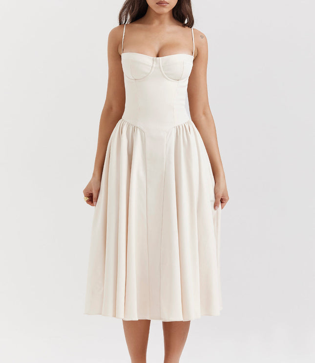 Ivory corset midi dress front view with underwire bust cups, thin straps, and full midi skirt