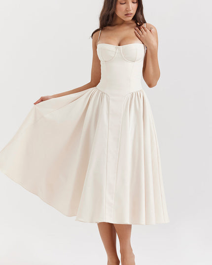 Ivory corset midi dress front view with skirt held out to show volume, underwire bust cups and seams