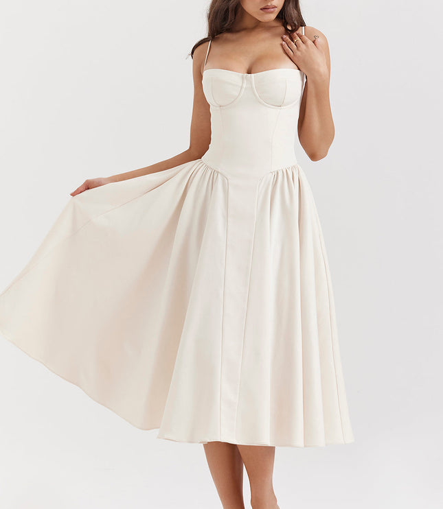Ivory corset midi dress front view with skirt held out to show volume, underwire bust cups and seams