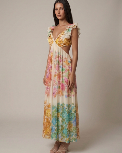 Angled view of ivory floral ruffled V-neck maxi dress showing flutter sleeves and cutout waist