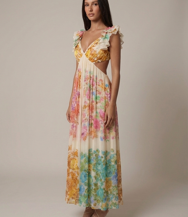 Angled view of ivory floral ruffled V-neck maxi dress showing flutter sleeves and cutout waist