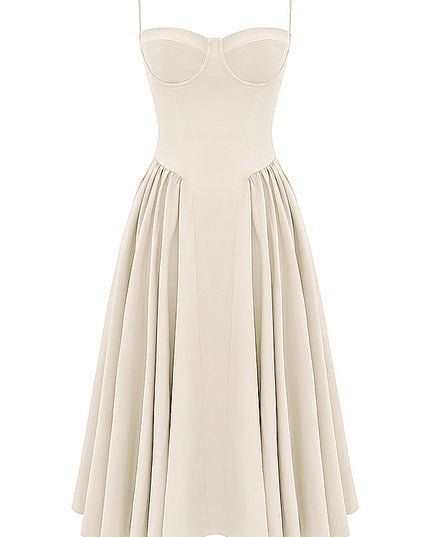 Ivory corset midi dress with sweetheart neckline, thin straps, and full pleated skirt, front view