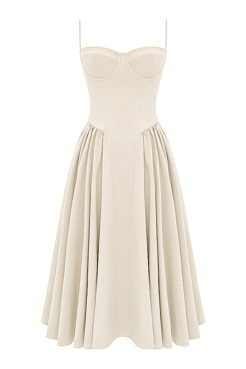 Ivory corset midi dress with sweetheart neckline, thin straps, and full pleated skirt, front view