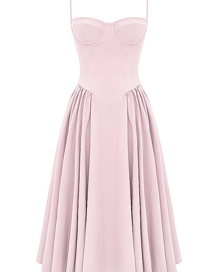 Blush pink corset midi dress flat lay front on white background with sweetheart bustier and pleated skirt