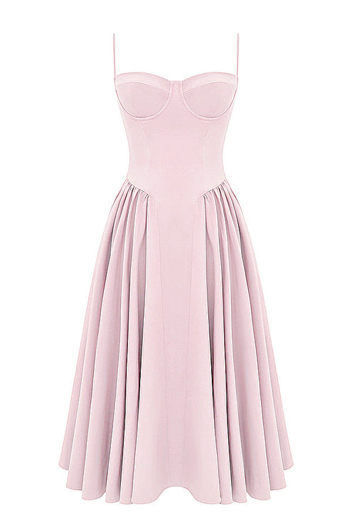 Blush pink corset midi dress flat lay front on white background with sweetheart bustier and pleated skirt