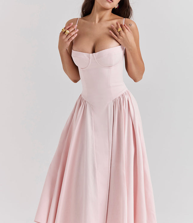 Close front view of blush pink corset midi dress showing sweetheart bustier cups and thin straps