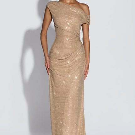Champagne off-shoulder sequin maxi dress with ruched bodice and fitted silhouette, front view