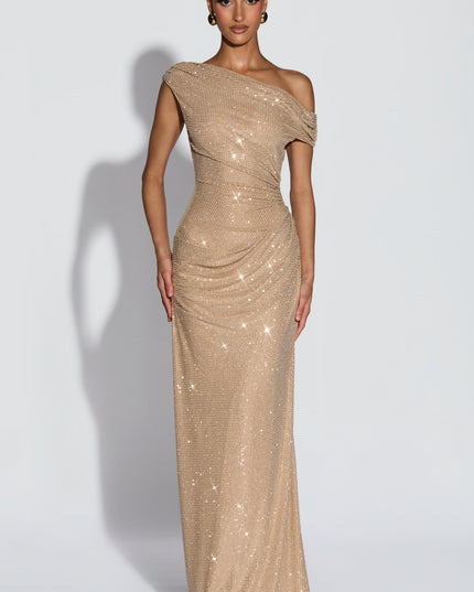 Champagne off-shoulder sequin maxi dress with ruched bodice and fitted silhouette, front view