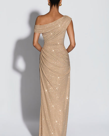 Back view of champagne off-shoulder sequin maxi dress with asymmetrical neckline and ruching