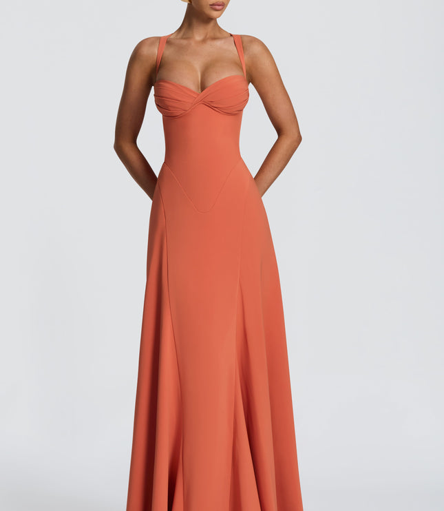 Coral pleated maxi dress with twisted sweetheart bodice and wide straps, front view
