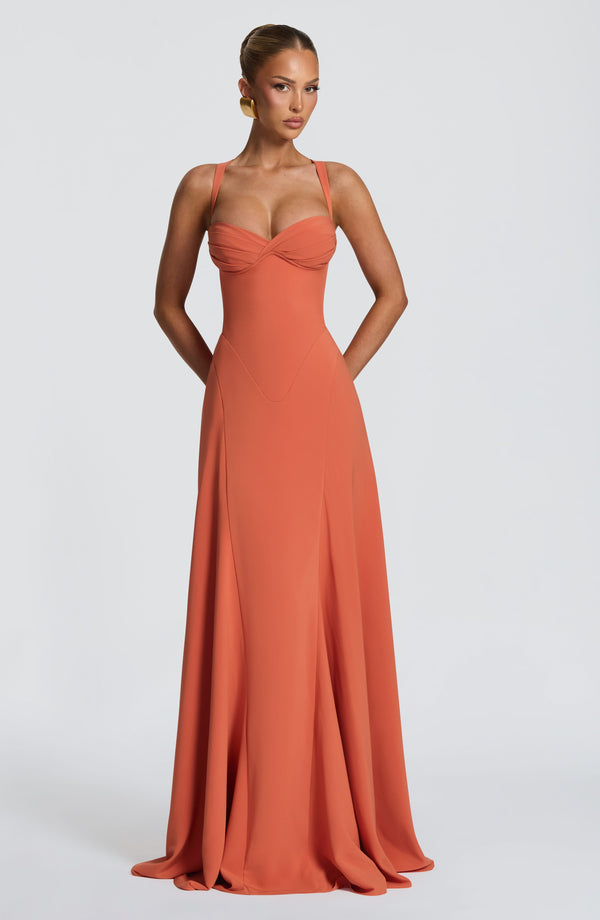 Coral pleated maxi dress with twisted sweetheart bodice and wide straps, front view