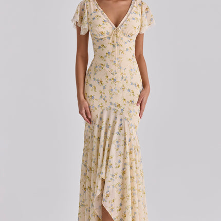 Cream floral lace V-neck maxi dress with flutter sleeves and tie front, full length front view