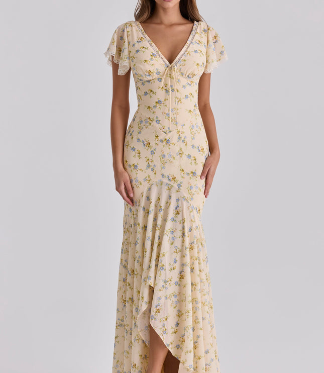 Cream floral lace V-neck maxi dress with flutter sleeves and tie front, full length front view